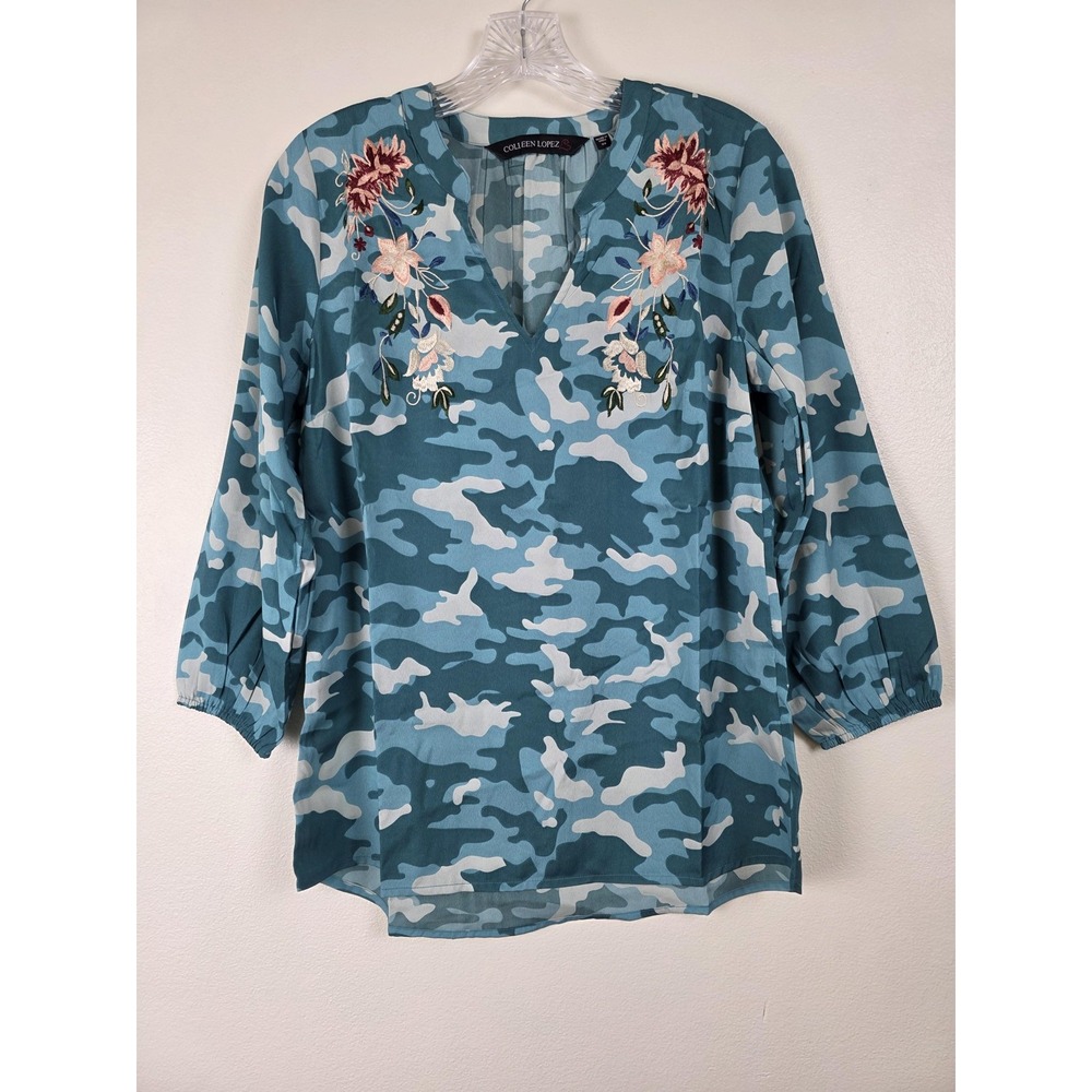 Colleen Lopez Shirt Womens XS Camouflage Floralβ Embroidered 3/4 Sleeve Blouse